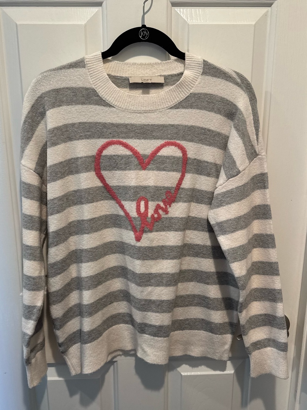 LOFT Striped Heart Crewneck Sweater in Gray and White with Pink Accent Size L